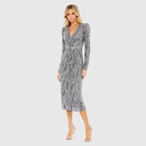 NWT $498 MAC DUGGAL Long Sleeve V Neck FULLY Beaded Cocktail Dress MIDI 5574